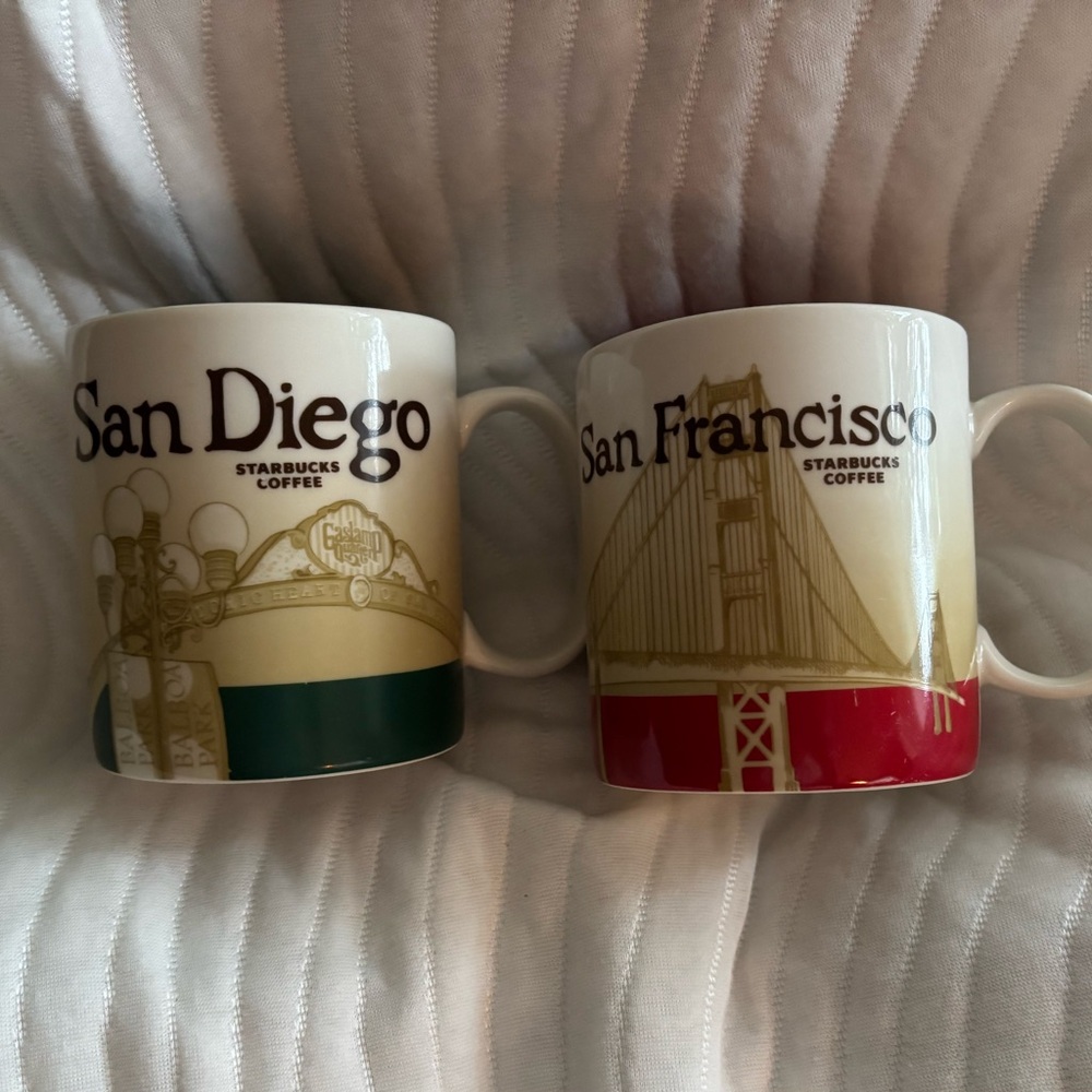 Starbucks Cream Mugs with Green and Red City Accent